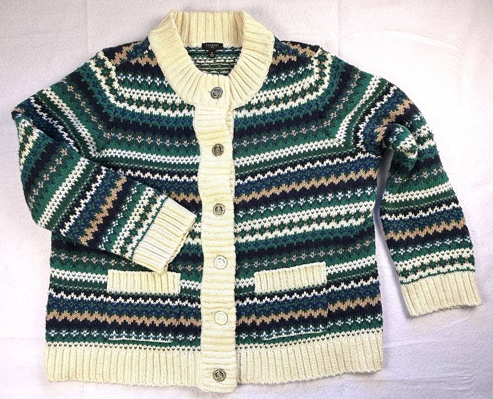 Talbots Metallic Mockneck cardigan sweater Cadet Fair Isle 1X Cottagecore Preppy